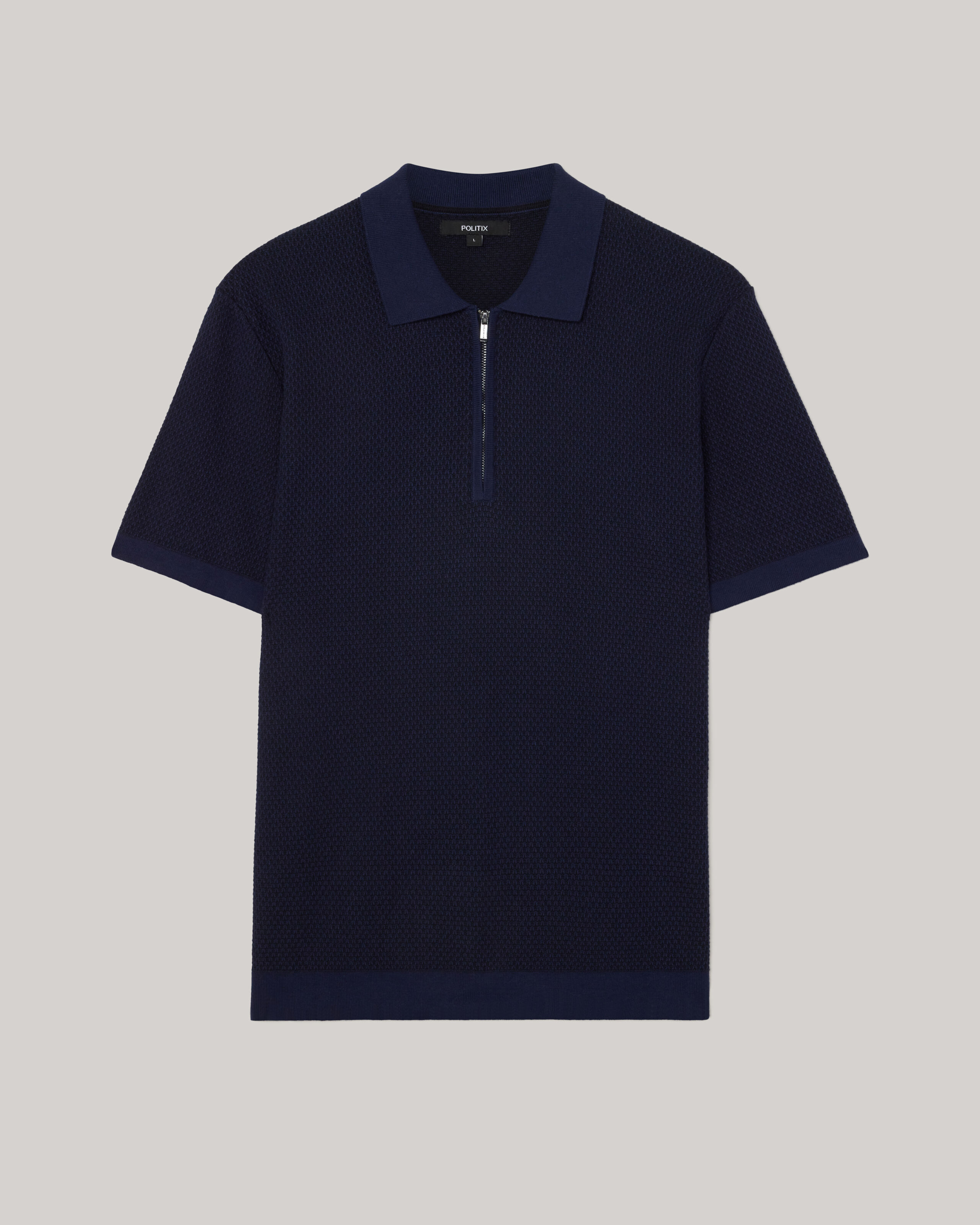 Textured Knit Zip Polo - Navy - Textured Knit Zip Polo | Knitwear